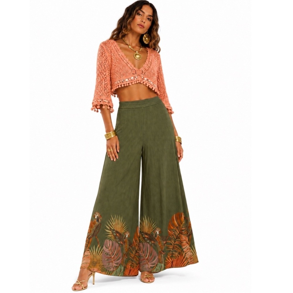 Farm Rio Anthropologie Guadeloupe Wide Leg Palazzo Pants Womens M Green EXCL